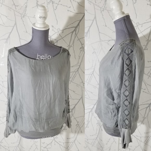 Keysha Gray Silk Overlay Boat Neck Blouson Top w/ Lace Detail - Picture 1 of 5